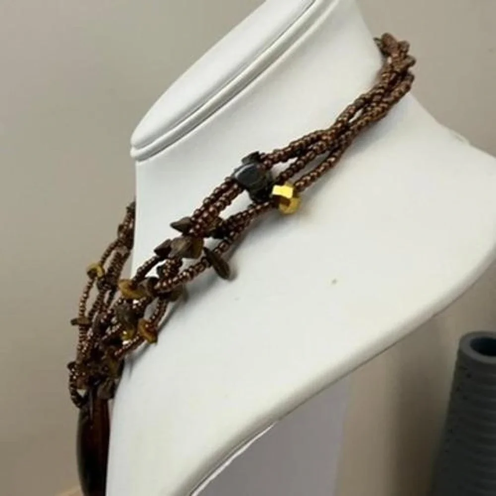 Erica Lyons Bronze Tone Necklace Glass Stone Pendant Multi Strand Boho Statement